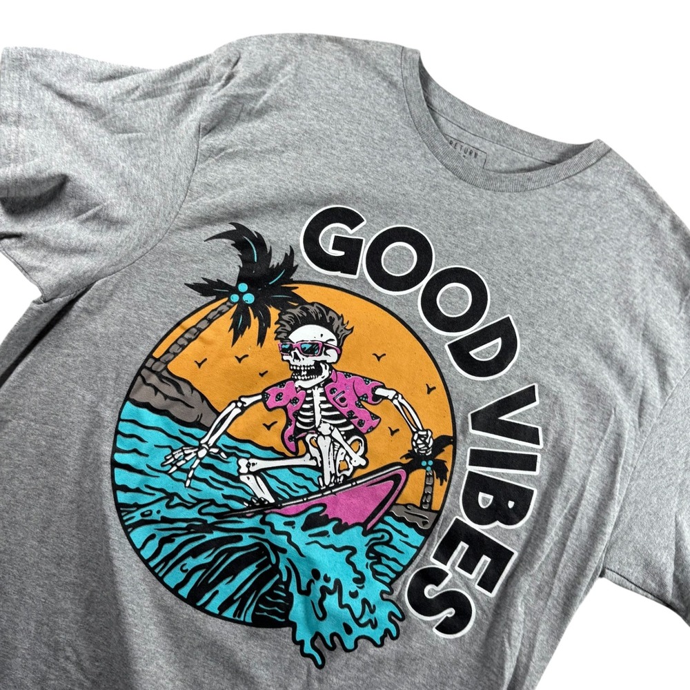 Return To Sender Graphic Tee Mens XXL Grey Excellent Good Vibes Surfing Skeleton